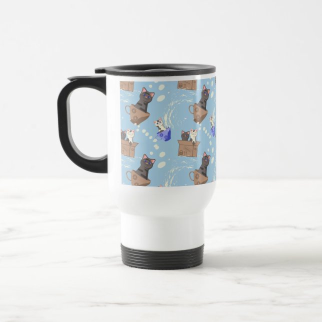 Caneca Térmica Gatos na caixa e leite cai em azul (Esquerda)