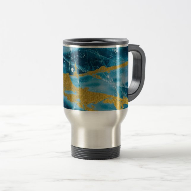 Caneca Térmica Geode Agate Gemstone Blue e Dourado (Frente Esquerda)