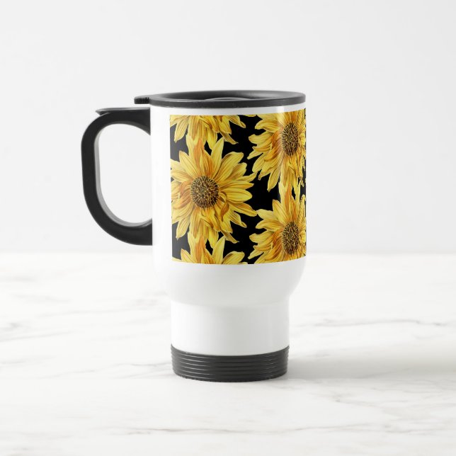 Caneca Térmica Girassol Amarelo Floral Alegre em Preto (Esquerda)