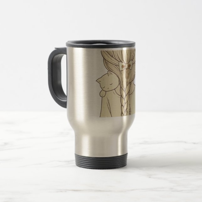 Caneca Térmica Girl with Braid and Cat Illustration – Soft Pastel (Frente Esquerda)