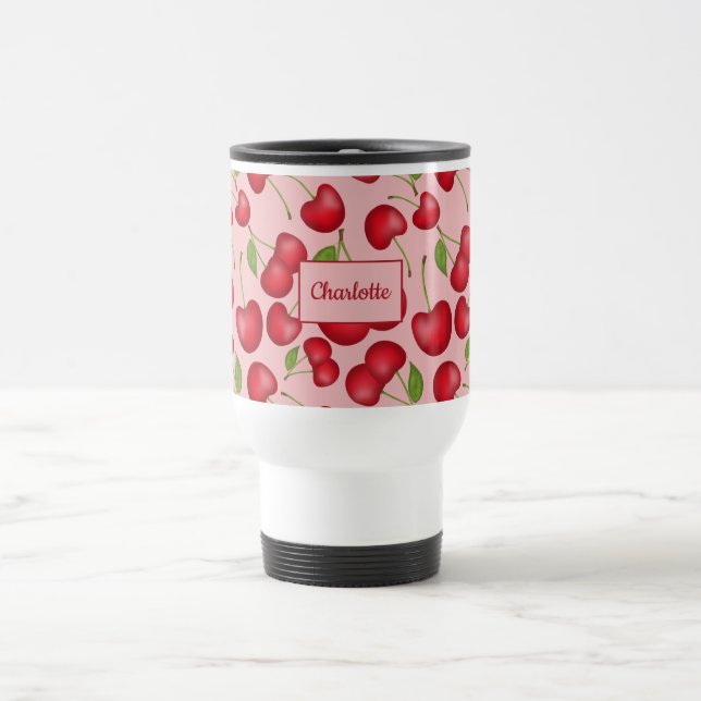 Caneca Térmica Girly Cherries padrão rosa com nome personalizado (Centro)