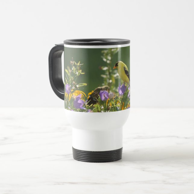 Caneca Térmica Goldfinch em uma Flor Harebell (Frente Esquerda)