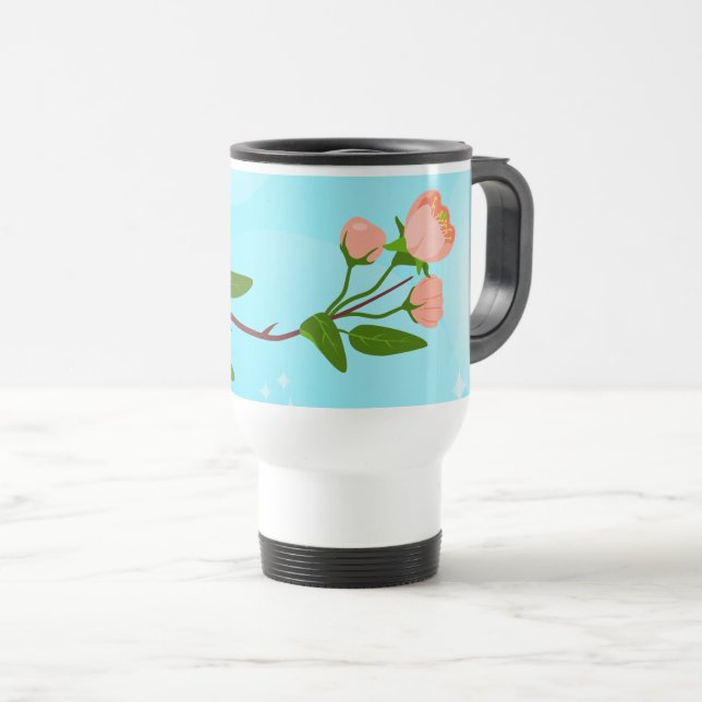 Caneca Térmica Gradação do céu azul com ramificação primavera flo (Frente Esquerda)