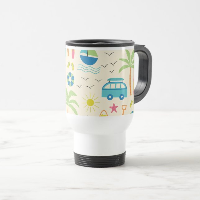 Caneca Térmica Ícones de Praia de Verão Palmeiras, Barcos e sol (Frente Esquerda)