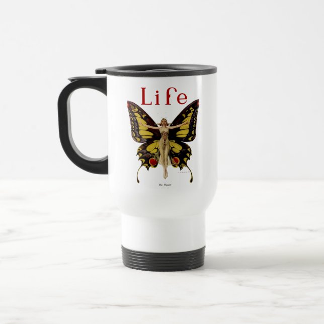 Caneca Térmica Ilustração da Mulher Voando Borboleta Flapper (Esquerda)