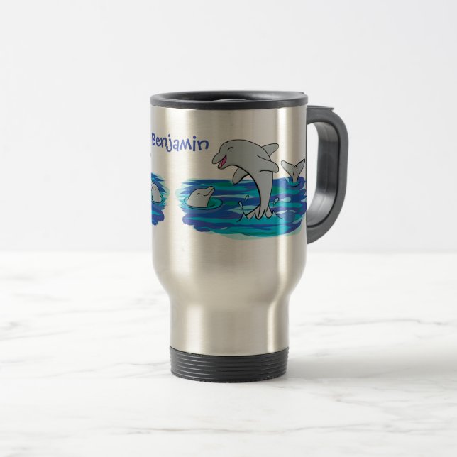 Caneca Térmica Ilustração de desenho animado de golfinhos alegres (Frente Esquerda)