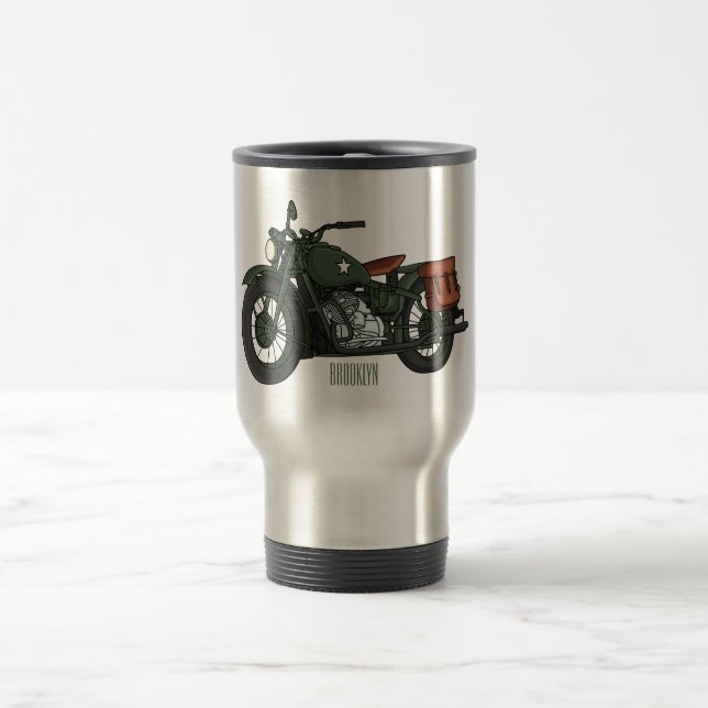 Caneca Térmica Ilustração de desenho animado de motocicleta milit (Centro)