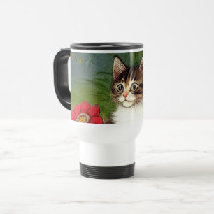 Caneca Térmica Ilustração de Gato Vintage com Flores de Mola