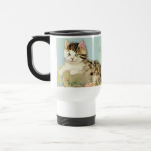Caneca Térmica Ilustração de Gato Vintage com Flores Rosa