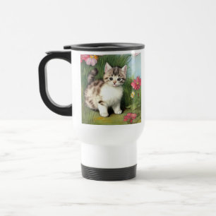 Caneca Térmica Ilustração de Gato Vintage com Flores Vermelhas