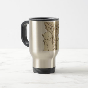 Caneca Térmica Ilustração de Menina com Trança e Gato – Pastel Su