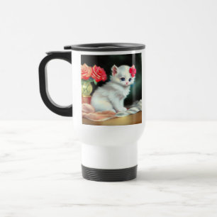 Caneca Térmica Ilustração Vintage White Kitten com Flores Vermelh
