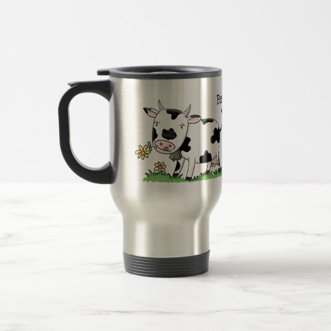 Caneca Térmica Imagem de desenho animado de uma vaca em verde (Esquerda)