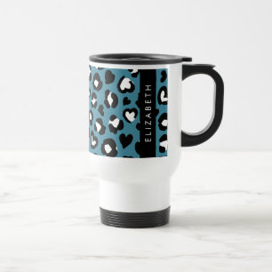 Caneca Térmica Impressão Animal, Leopardo Azul, Corações, Seu Nom