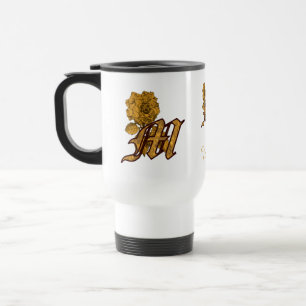 Caneca Térmica Inicial do Monograma M Elegante Peônia Dourada Per
