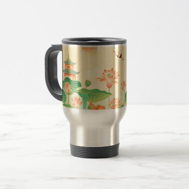 Caneca Térmica Japanese Garden Koi Pond and Waterlilies Art (Frente Esquerda)