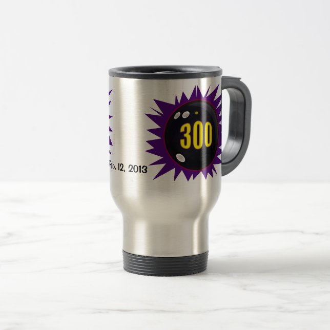 Caneca Térmica Jogo de boliche 300, com data jogada, (Frente Esquerda)