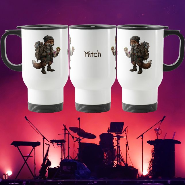 Caneca Térmica Kebab da Raposa do Café Pós-Concerto (Exhausted Indie Music Fan Red Fox Character Illustration. Post gig coffee travel mug for commuters)