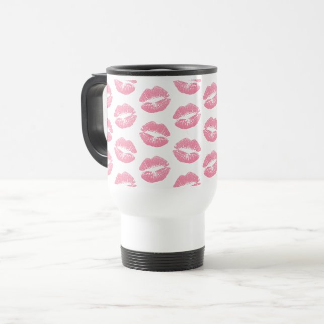 Caneca Térmica Lábios Rosa, Padrão De Lábios, Batom Rosa, Beijo (Frente Esquerda)