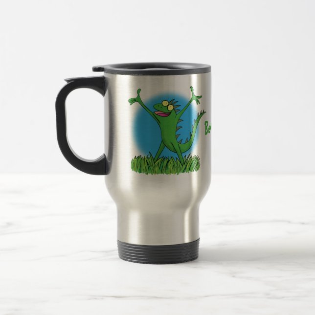 Caneca Térmica Lagarto animado animado com iguana verde engraçado (Esquerda)