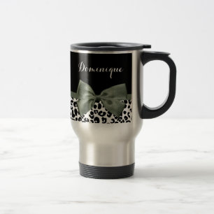 Caneca Térmica Leopard Imprime Fita Verde Escura Com Nome