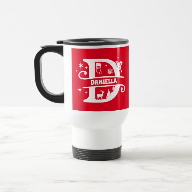 Caneca Térmica Letra D Natal Monograma Nome inicial Vermelho (Esquerda)