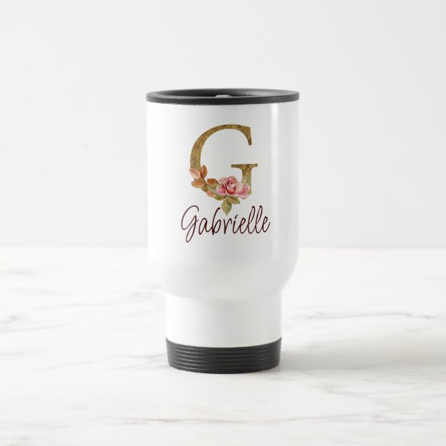 Caneca Térmica Letra Personalizada G Dourado Folha Rosa Bege Rosa (Centro)