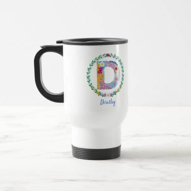 Caneca Térmica Letras de Flor "D" Inicial com Nome Personalizado (Esquerda)