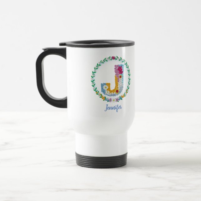 Caneca Térmica Letras de Flor "J" Inicial com Nome Personalizado (Esquerda)
