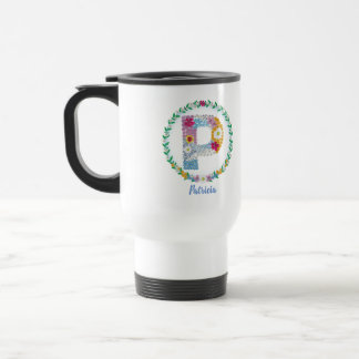 Caneca Térmica Letras de Flor "P" Inicial com Nome Personalizado