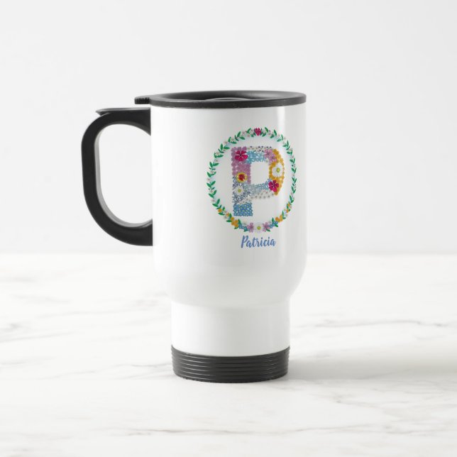 Caneca Térmica Letras de Flor "P" Inicial com Nome Personalizado (Esquerda)