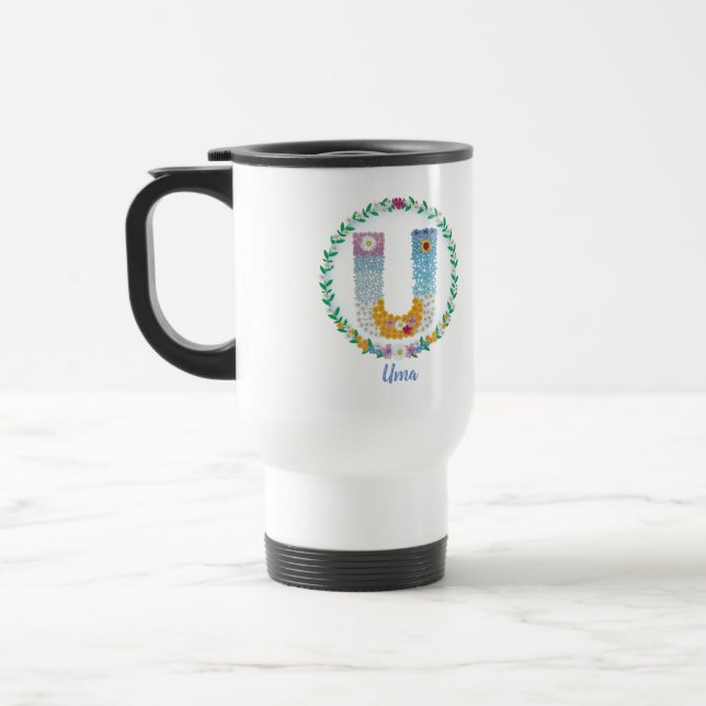 Caneca Térmica Letras de Flor "U" Inicial com Nome Personalizado (Esquerda)
