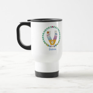 Caneca Térmica Letras de Flor "V" Inicial com Nome Personalizado