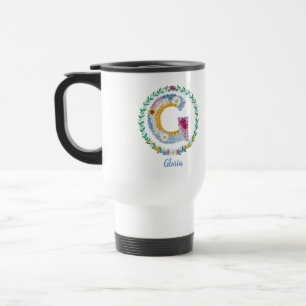 Caneca Térmica Letras Flores "G" Inicial com Nome Personalizado