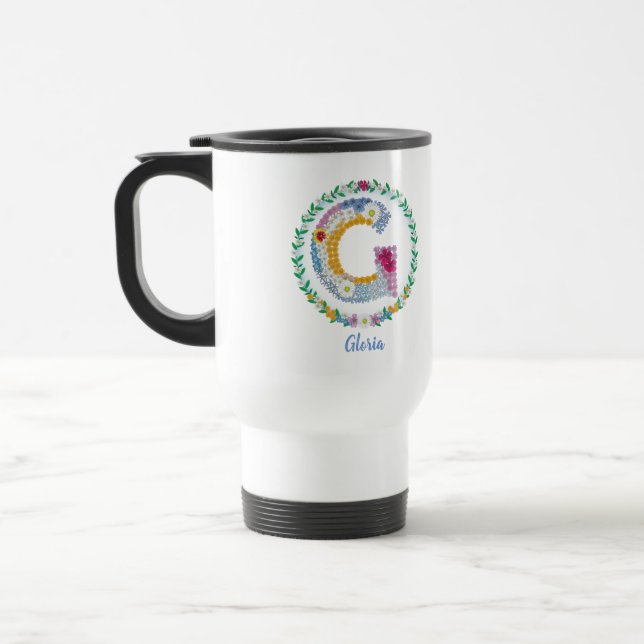 Caneca Térmica Letras Flores "G" Inicial com Nome Personalizado (Esquerda)