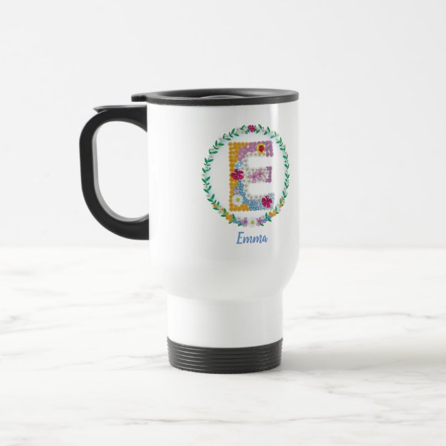 Caneca Térmica Letras Flores Iniciais "E" com Nome Personalizado (Esquerda)