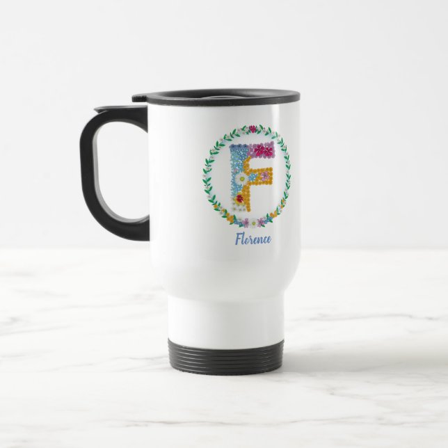 Caneca Térmica Letras Flores Iniciais "F" com Nome Personalizado (Esquerda)