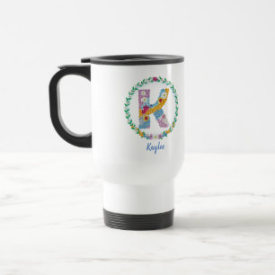Caneca Térmica Letras Flores Iniciais "K" com Nome Personalizado