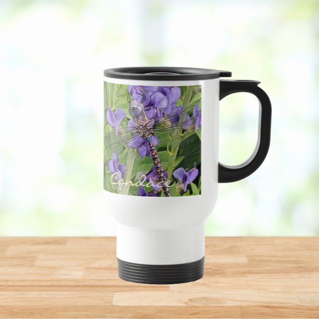Caneca Térmica Libélula em Flores Roxas com Nome (In Situ)
