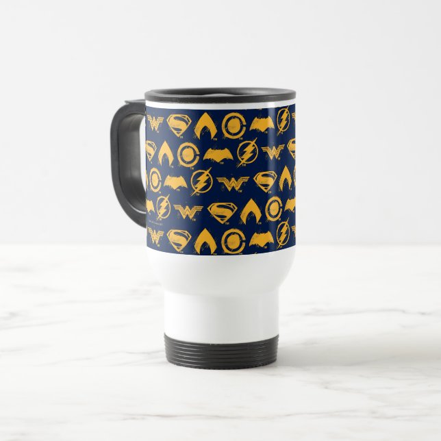 Caneca Térmica Liga da Justiça | Linhagem dos Símbolos de Equipe  (Frente Esquerda)