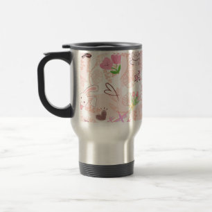 Caneca Térmica Lindo Coelho Kawaii Japonês e Xadrez Gingham Rosa