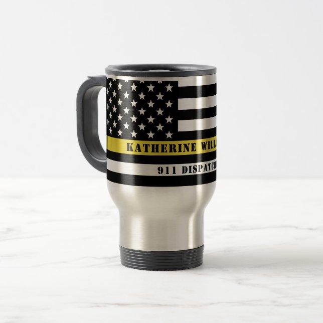 Caneca Térmica Linha Amarelo Fino do Sinalizador 911 do Dispatche (Frente Esquerda)