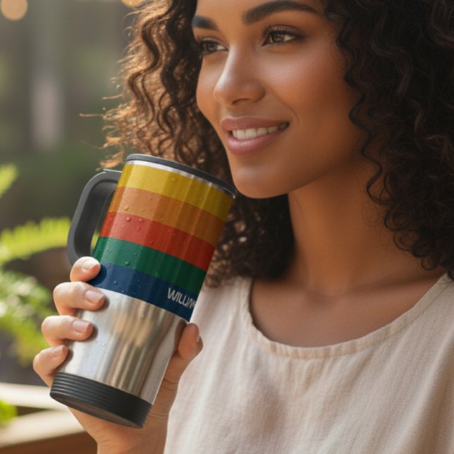 Caneca Térmica Listras do pôr do sol retrô com nome simples e neg (Criador carregado)