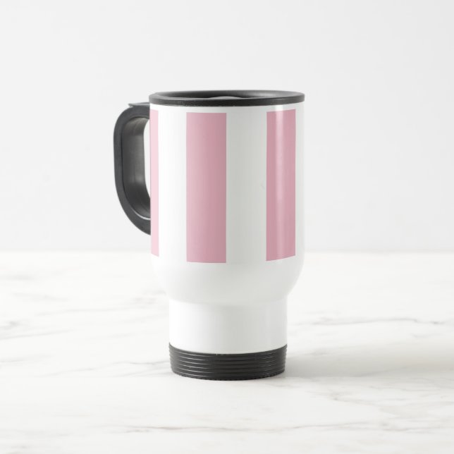 Caneca Térmica Listras Rosa, Listras Brancas, Padrões Laminados (Frente Esquerda)