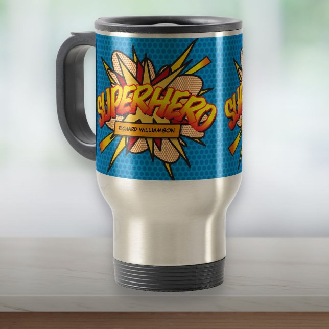 Caneca Térmica Livro de Quadrinhos Personalizado SUPER-HERÓI (Personalized Comic Book SUPERHERO Travel Mug)