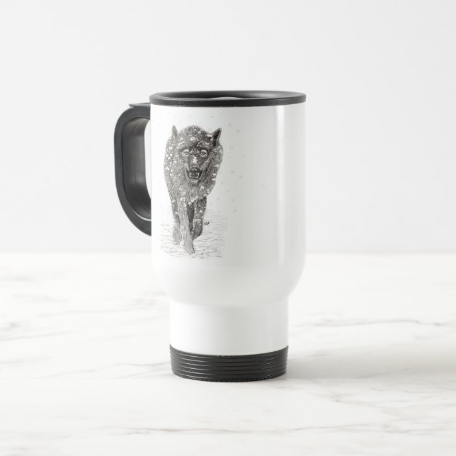 Caneca Térmica Lobo Negro Zangado na Neve, inverno selvagem (Frente Esquerda)