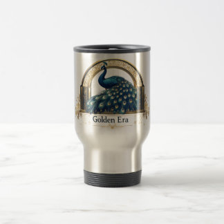 Caneca Térmica Logotipo da Era Dourada com Design de Pavão Elegan