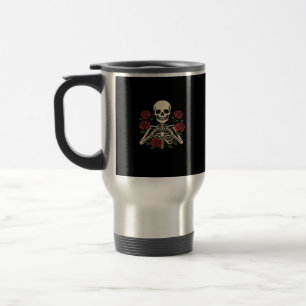 Caneca Térmica Mãos do Coração do Esqueleto com Rosas vermelhas -
