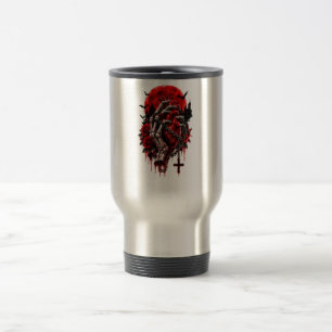 Caneca Térmica Mãos Esqueléticas Góticas Rosas Vermelhas Hallowee