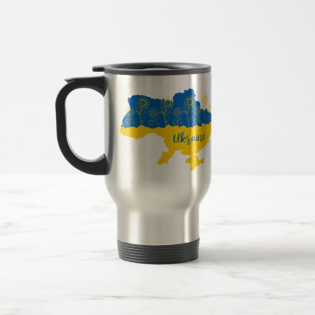 Caneca Térmica Mapa da Ucrânia com girassol e bandeira ucraniana (Esquerda)